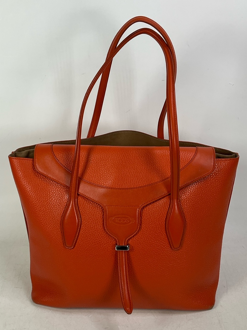 Tod’s New Joy Orange Pebbled Leather Large Tote Shoulder Bag Made In Italy
